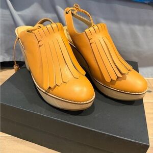 Durbuy Kilty Fringed Tan Leather Women's Wedge Heels- Made in Japan